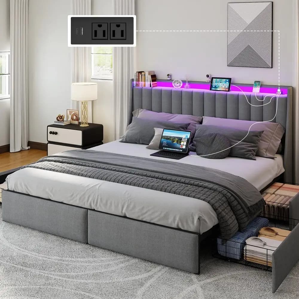 King Size Bed Frame with Storage Headboard, Metal Platform Bed Frame King with 4 Drawer, LED Light, Charging Station, No Box Sp