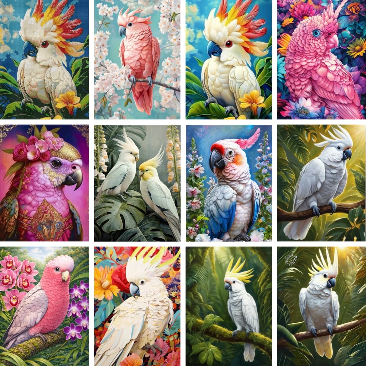 Kit per Diamond Painting e Punto Croce, Mosaico Diamantato Cacatua Tropicale Bianca, Fai da Te, Adatto per Principianti, Arte Esotica Fatta a Mano