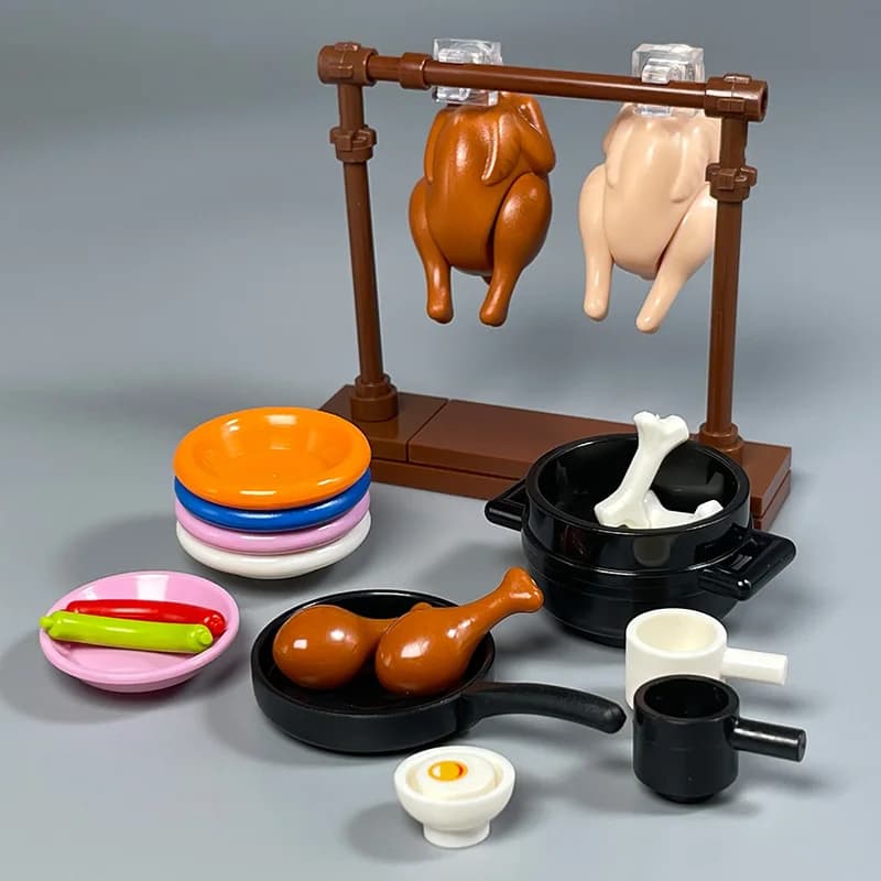 MOC Piccola Particelle Blos Accessori Da Cucina Doppio Orecchio Fornello Lento Stir-Fry Pan Utensili Da Cucina Giocattolo Alimentare per I Bambini