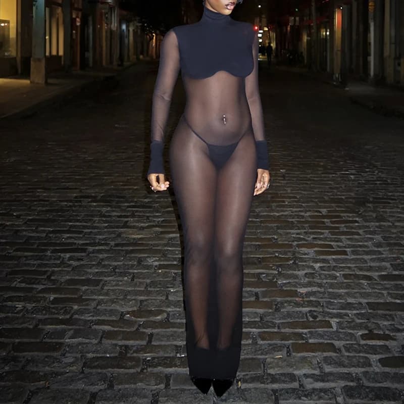 OMSJ Nuovo 2025 Moda Maglia Patchwork Solido Sheer A Maniche Lunghe Aderente Partito Vacanza Abiti Neri + Mutandine Per Le Donne Vestito Sexy