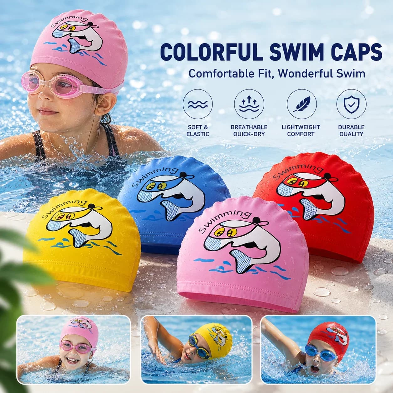 Cuffia da Nuoto per Bambini Carina in Tessuto Impermeabile con Delfino Cartone Animato, Protegge le Orecchie, Cuffia da Bagno da Spiaggia, Accessorio per il Nuoto