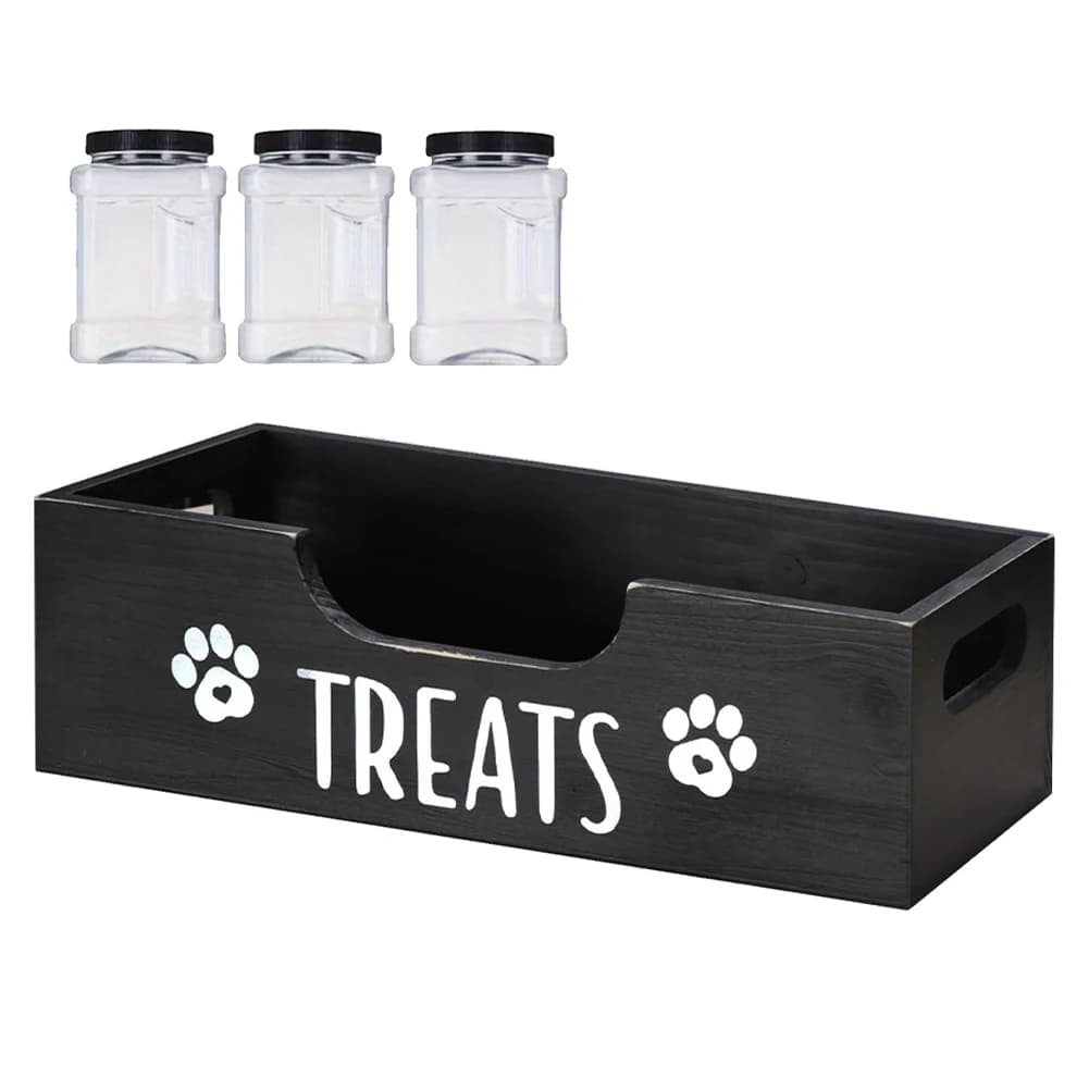 Scatola in Legno per Snack per Animali Domestici con Contenitore in Plastica per Alimenti (Nero)