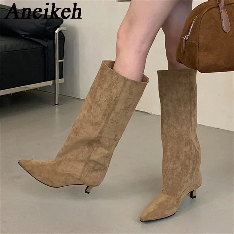Aneikeh Autumn Winter Point Toe Boots Knee Boots Women Shoes 2026 Trends Designer Vintage Sottile Low Heel Shoes Modern Botas