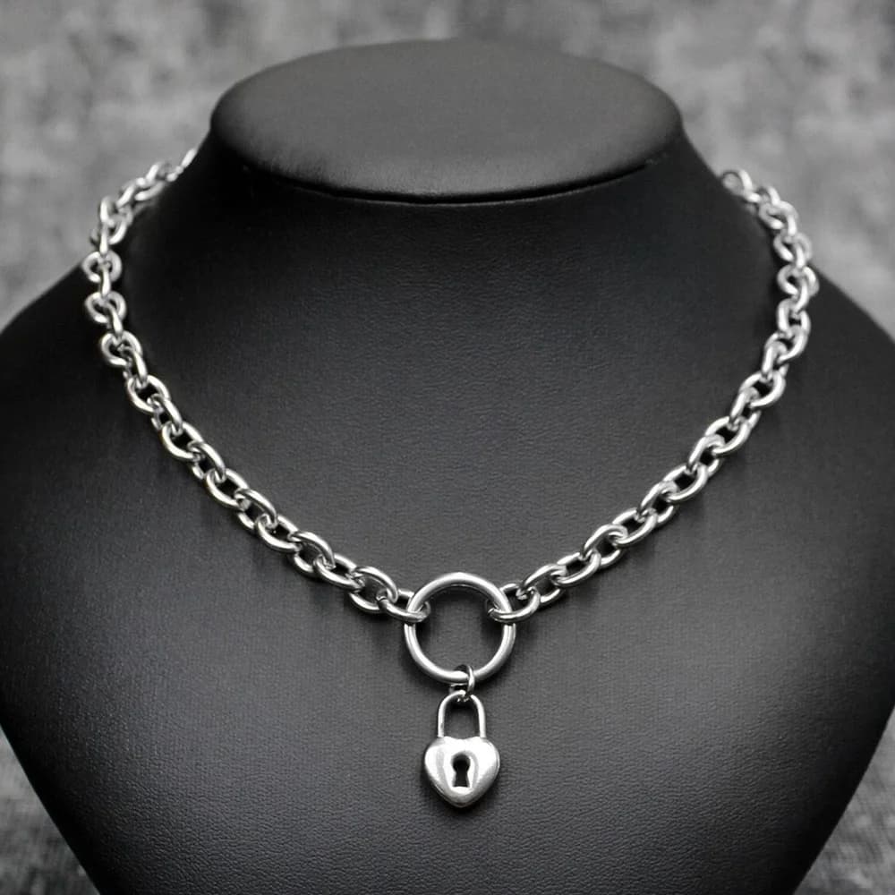 y2k Punk Cuore O Ring Collana a catena robusta Collana girocollo con ciondolo lucchetto in acciaio inossidabile estetico gotico grunge per donna