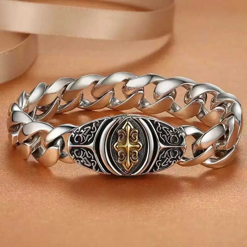 Mens Cuban Link Bracelet - Wide Hip Hop Chain with Cross Design, Vintage Gold Plated Jewelry