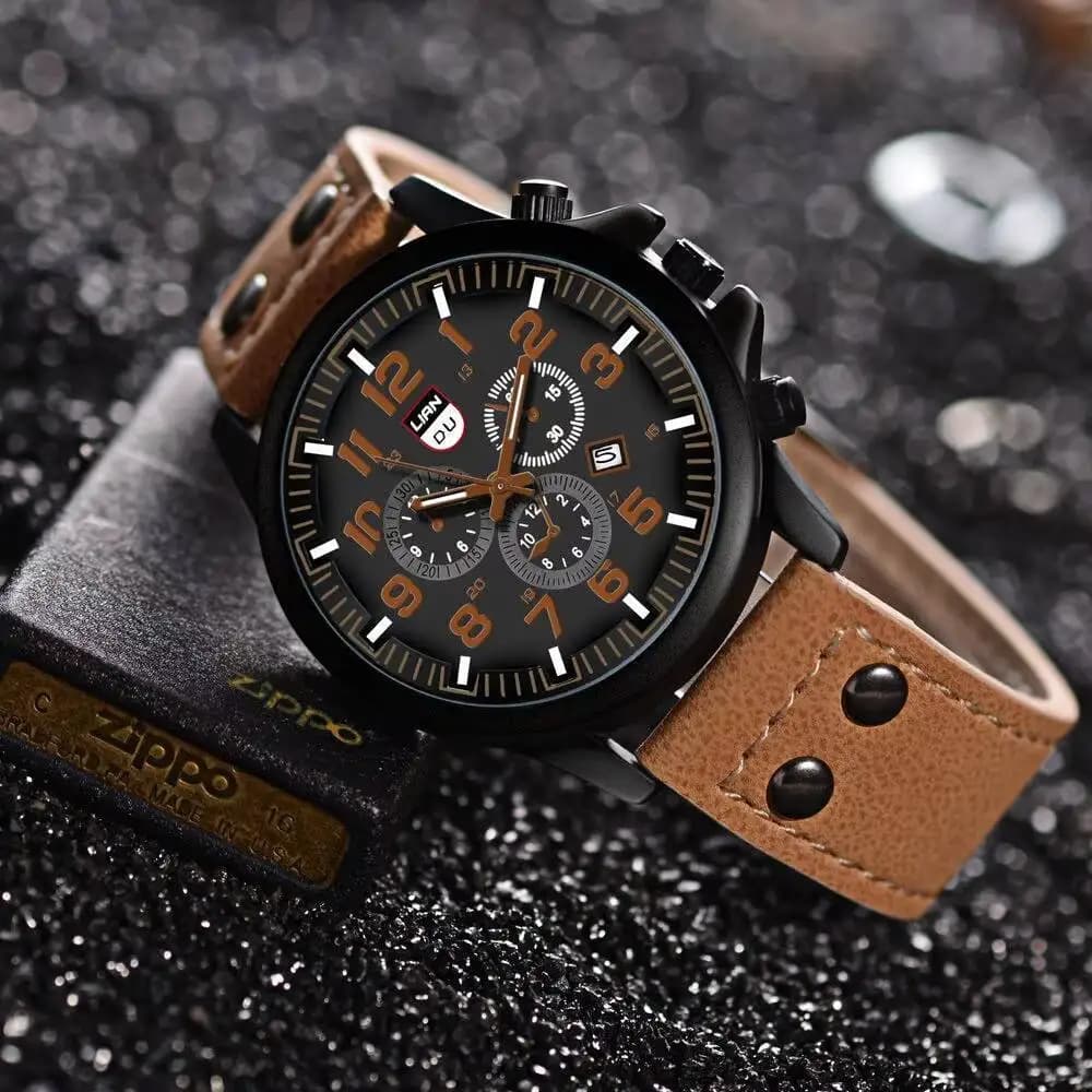Orologio da Polso Maschile alla Moda con Calendario, Movimento al Quarzo, Sportivo, Cinturino in Pelle, Reloj Hombre