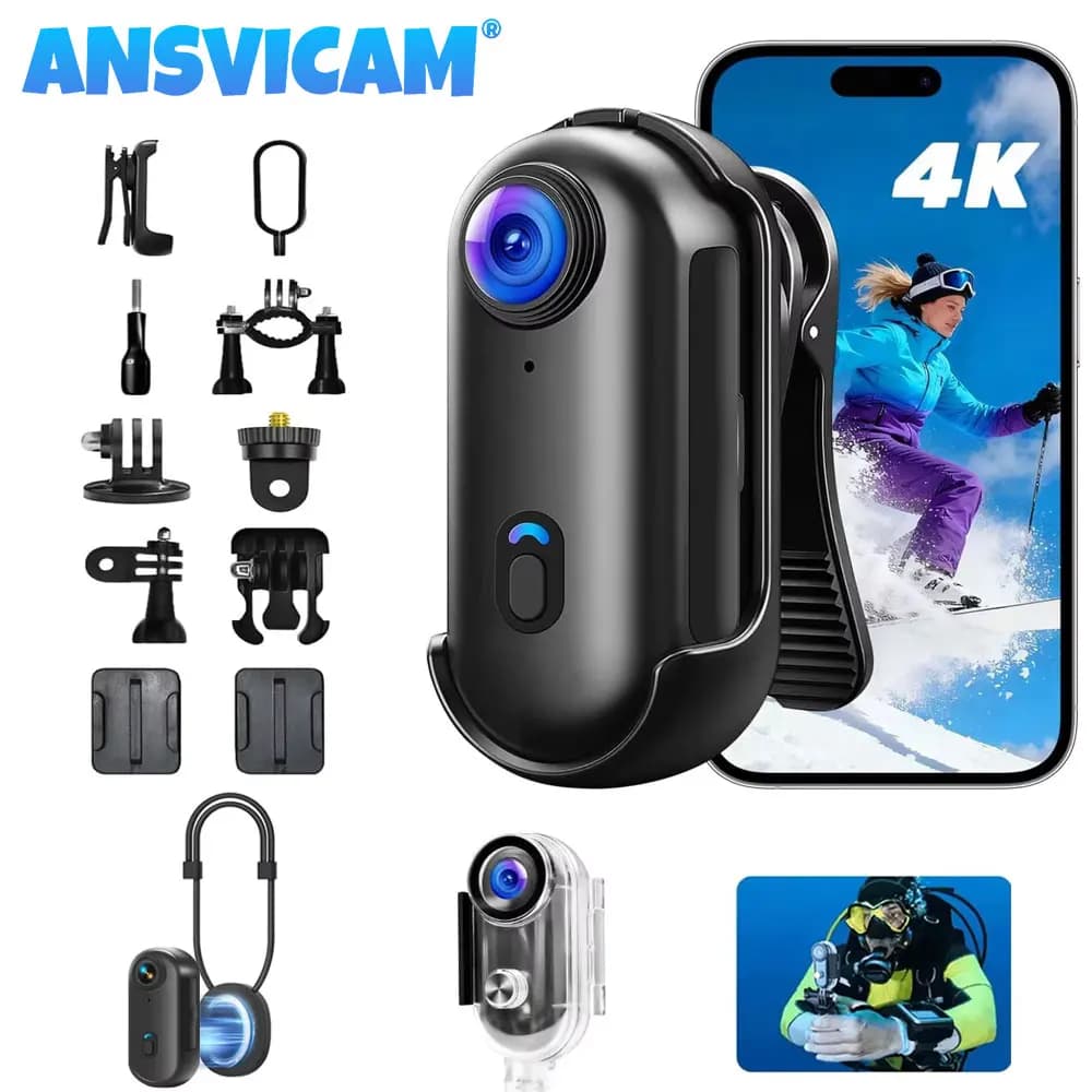 ANSVICAM 4K Mini Action Cameras Magnetic Bike Video Recording Thumb Body Camera Motorcycle POV Wearable Waterproof Vlog Cameras