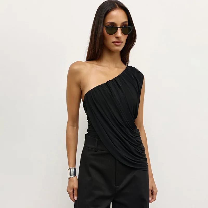 Women's Fashionable Off-Shoulder Slit Neck Mesh Top Spring Summer New Design Sexy Straight Tube Polyester Sleeveless T-Shirt