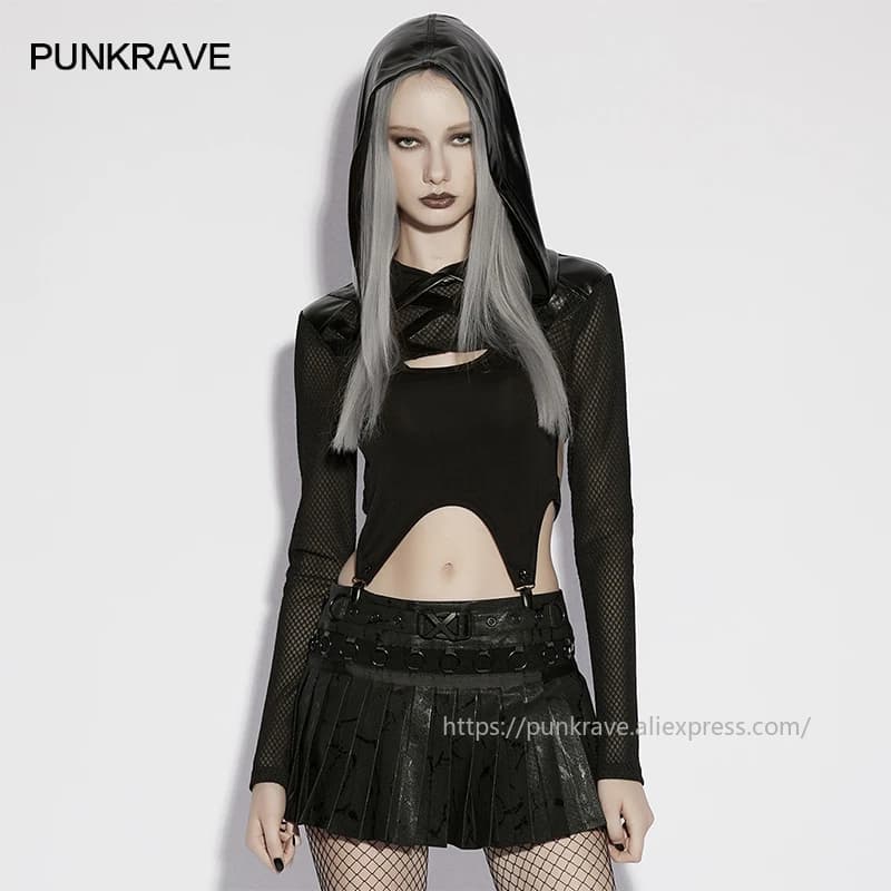 PUNK RAVE Giacca corta da donna in maglia e rete con cappuccio, stile punk, con segmentazione precisa, maniche lunghe, modello Warrior