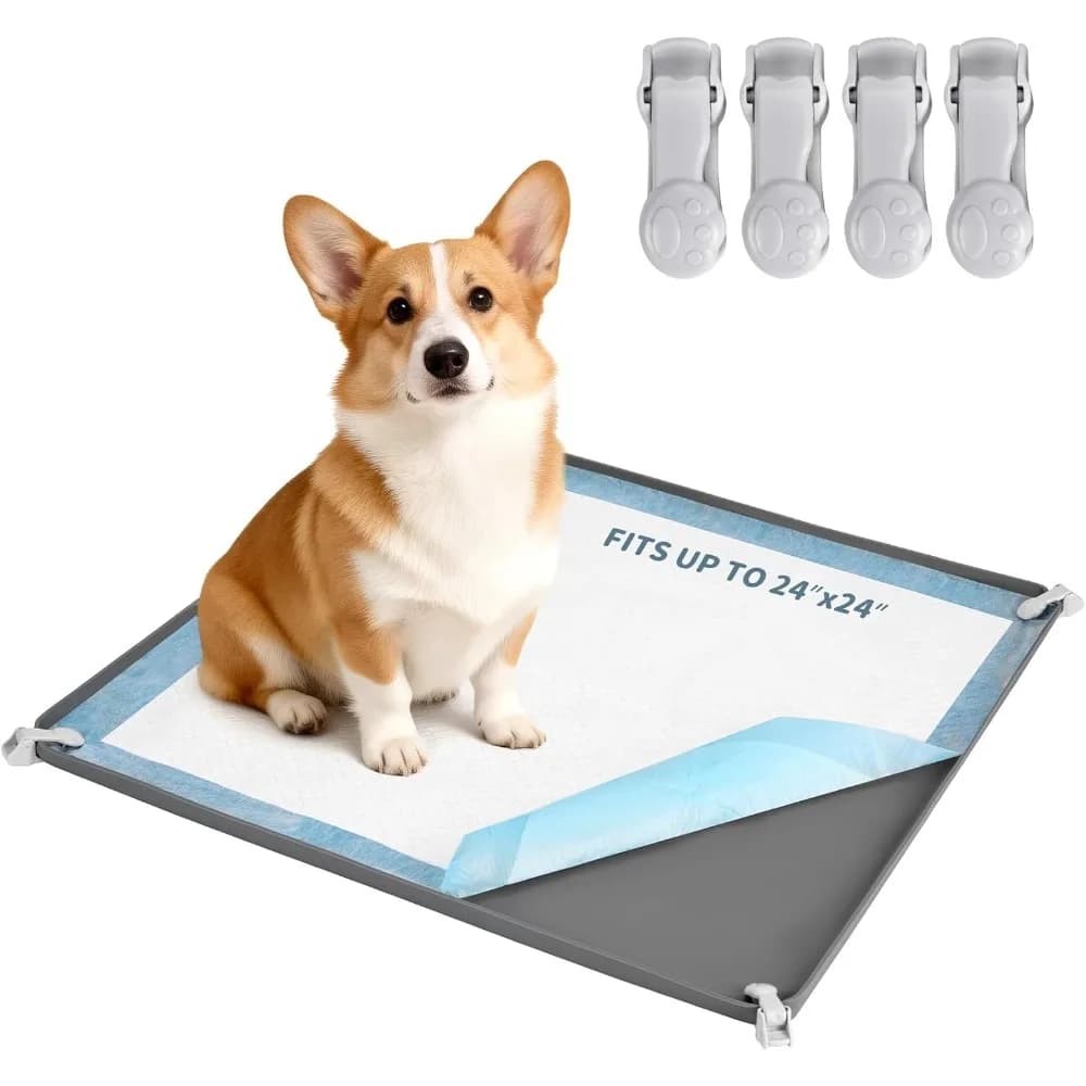 Supporto per tappetini igienici per cani, adatto per tappetini da addestramento da 24 x 24 pollici, vassoio per cuccioli con 4 morsetti di fissaggio, protezione per pavimenti interni