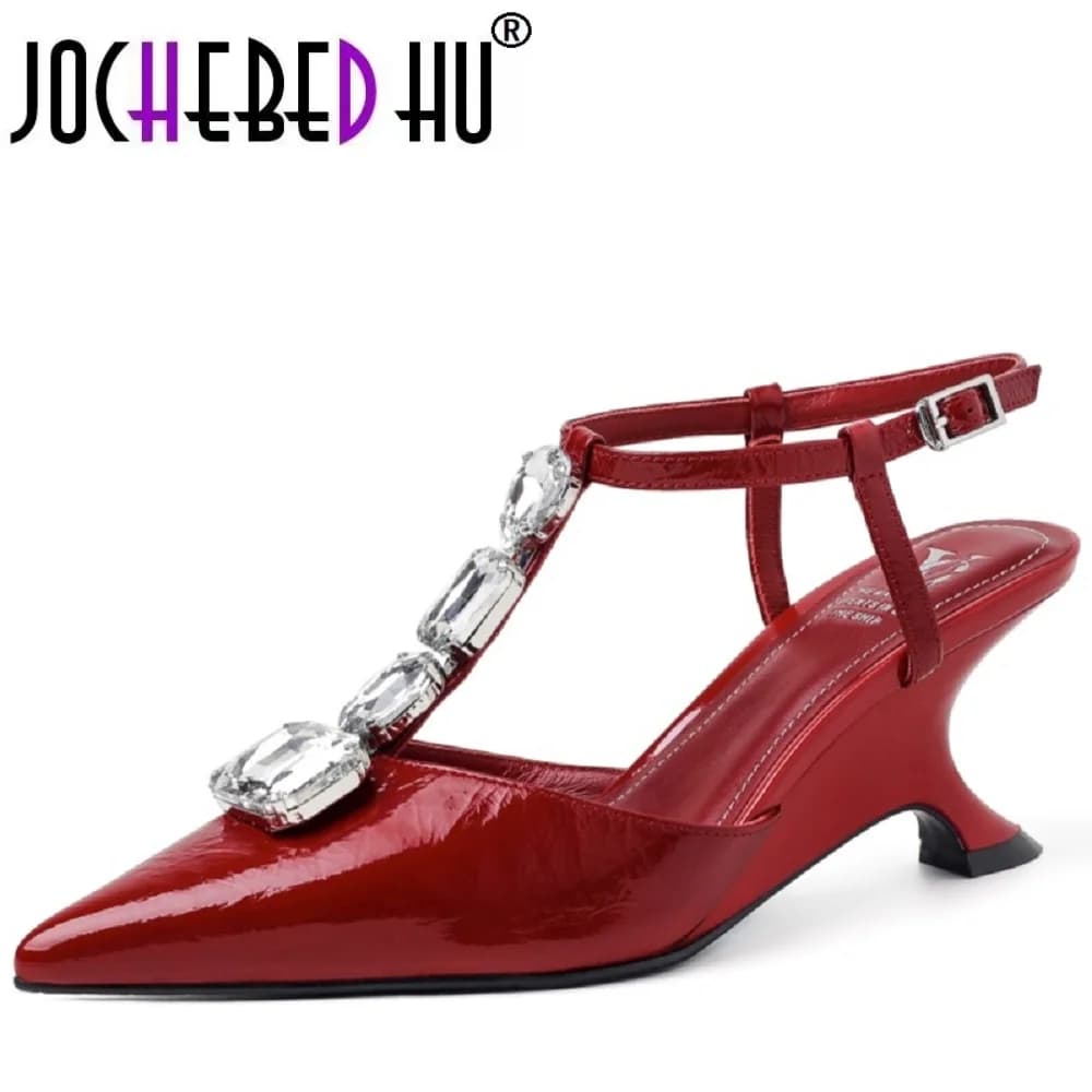 【JOCHEBED HU】Women Handmade Genuine Leather Pointed Toe High Heels With Rhinestone Decoration Dress Party Pumps 34-40