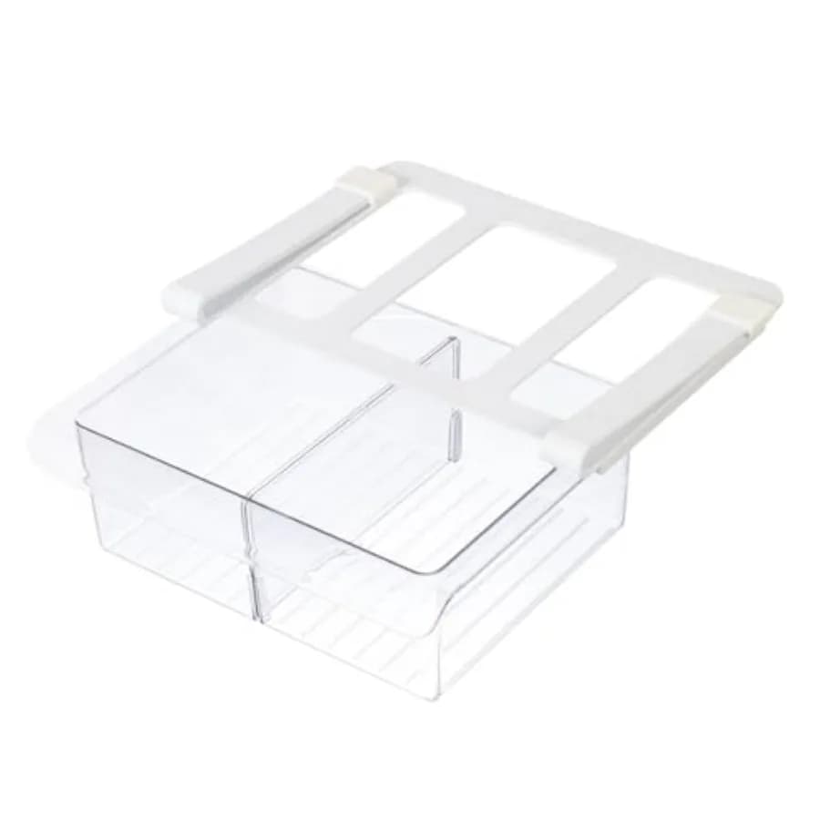 Pull Out Fridge Drawer Organizer - Clip-On Under Shelf Refrigerator and Pantry Storage Bin with 2 Compartments for Fruit, Veget