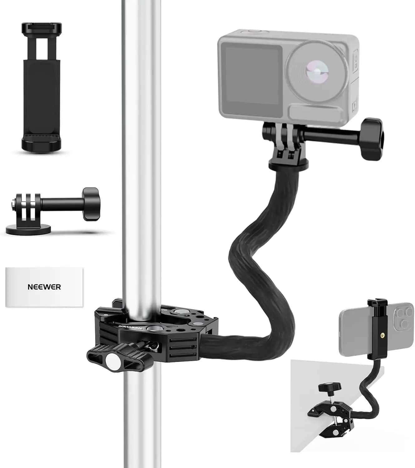 Kit di Montaggio per Action Camera con Super Morsetto, Tubo Flessibile, Supporto Regolabile per Superfici Piatte/Rotonde