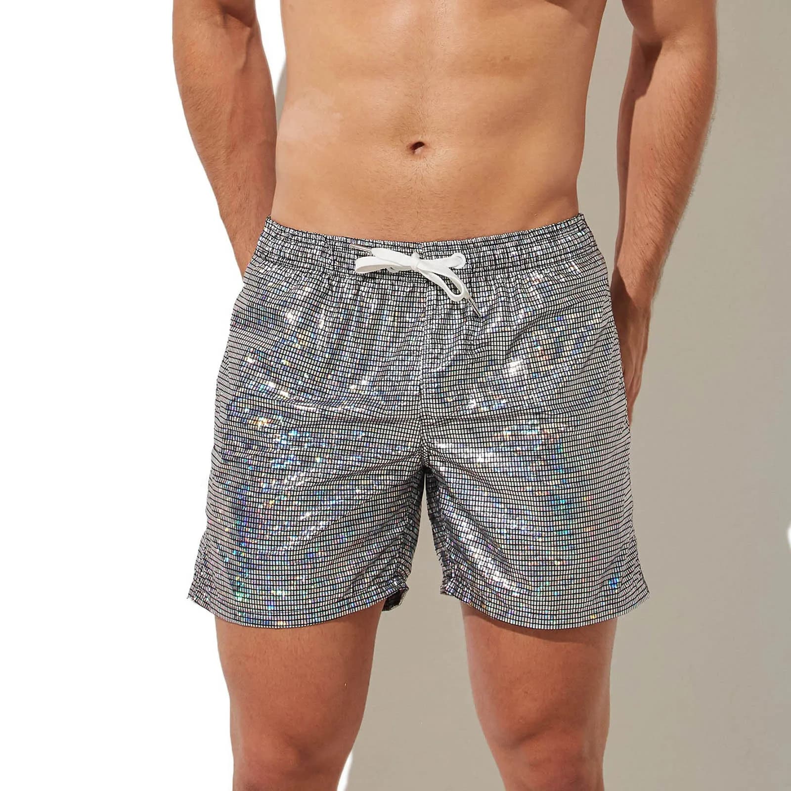 Pantaloncini da Spiaggia Estivi da Uomo Taglie Forti, Costume da Bagno Scintillante, Boxer Casual, 100% Poliestere, Pantaloncini a Quadri con Laccetti