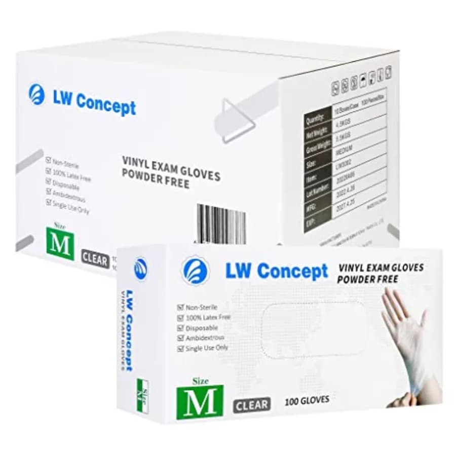 Guanti in Vinile Trasparente LW Concept per Esami, Sicuri per Alimenti, Cucina, Pulizie, Multiuso, Senza Lattice e Senza Derma, 3.5 mil LW3002, Taglia Media