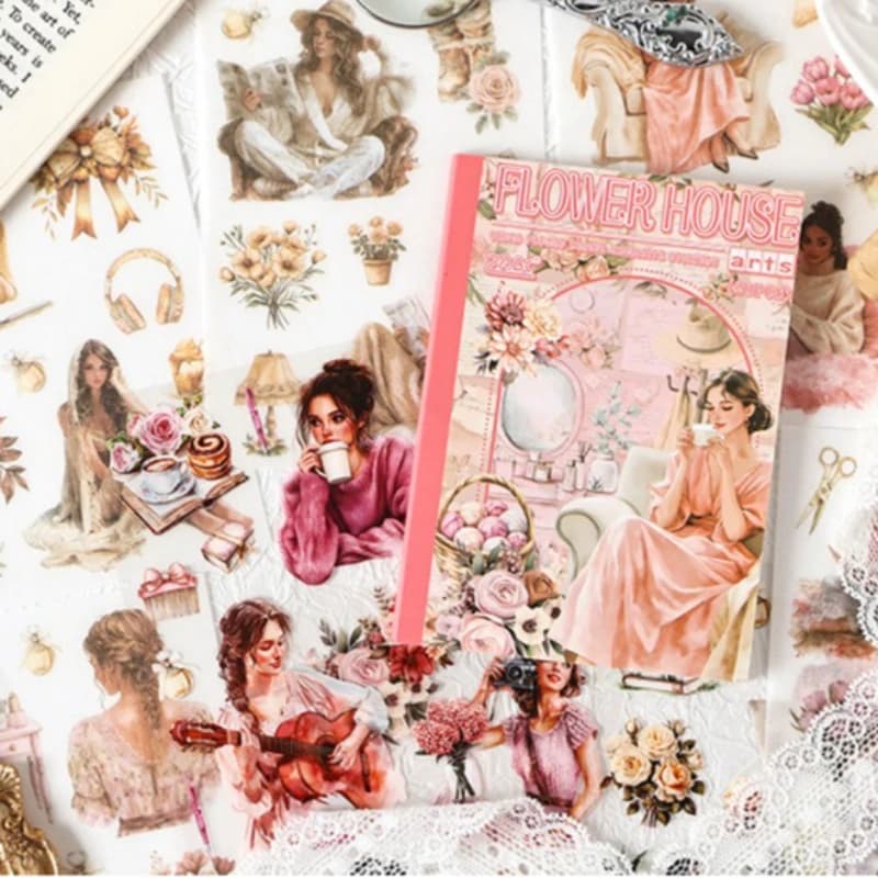 Floral Vine Creative Sticker Book Creative Design Retro Girl Character Pattern Decals for Journaling Scrapbooking Supplies Kit