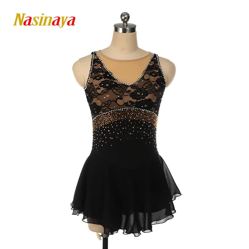 Abito da pattinaggio artistico nero Gonna da pattinaggio su ghiaccio a maniche lunghe Pizzo spandex con strass dorati
