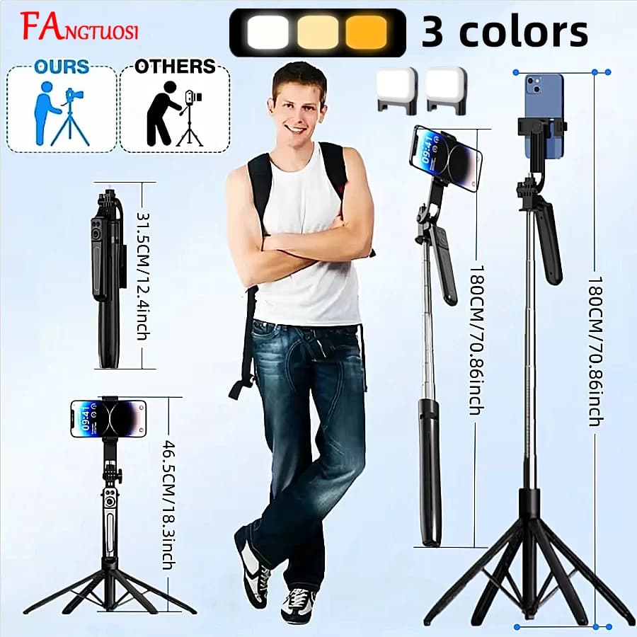 FANGTUOSI Treppiede da 1800 mm per fotocamera smartphone, supporto per treppiedi con otturatore Bluetooth, staffe per selfie stick wireless Supporto per telefono