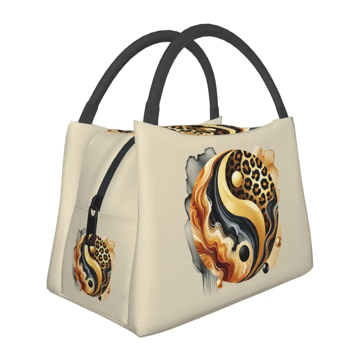 Thermal Bag Portable Leopard Yin Yang in Golden Marble Luxury with Design Balanced for School, Picnic and Food Containers