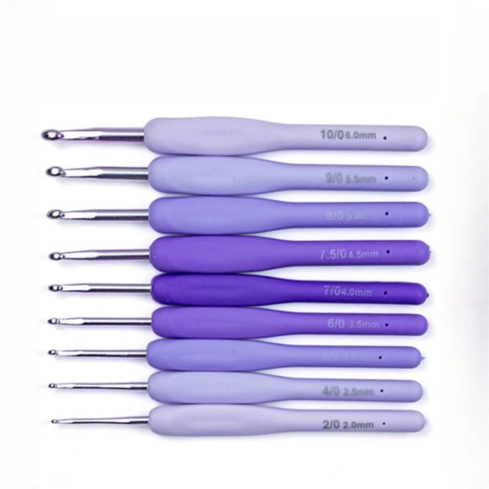 Set di 9 Uncinetti con Manico Morbido Sfumato Viola, Strumento per Lavoro a Maglia, Uncinetto con Impugnatura Antiscivolo in Silicone per Maglioni