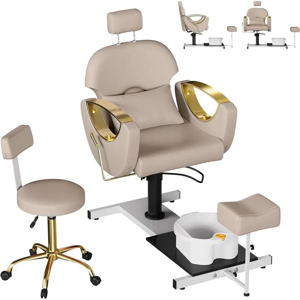 Luxury Reclining Pedicure Station with Adjustable Height, 360 Swivel, Footrest, Pillow, and Massage Features in Grey-Gold