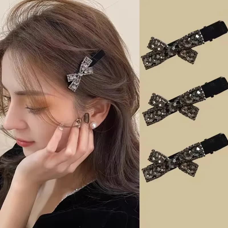 2Pcs Black Bow Zircon Hair Clip for Women's French Luxury Temperament Hair Clip BB Clip Girls Hair Accessories