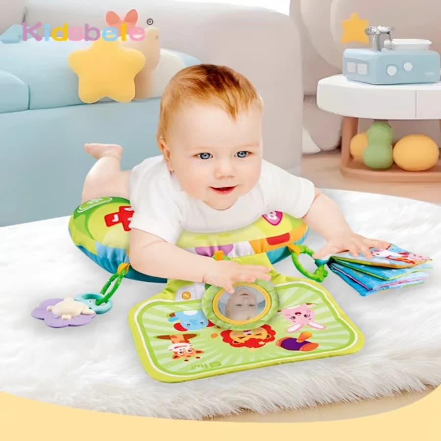Giocattoli per cuscini per la pancia del neonato, allenamento per la testa del bambino, giocattolo sensoriale educativo precoce con sonaglio massaggiagengive, specchio, libro in tessuto morbido