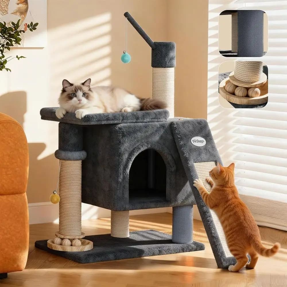 【SteadyCore】 PetDance Albero per Gatti All-in-1 con Tavola Resistente, in Legno Massello, Piccolo Albero per Gatti con Molteplici Elementi Interattivi