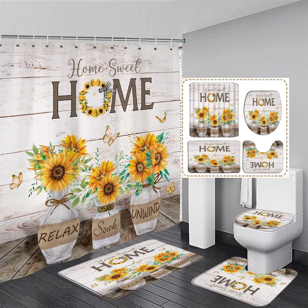 Set di tende da doccia in legno rustico con girasole, farfalla, pianta floreale gialla, decorazione per il bagno di casa, tappeto, tappetini da bagno, coperchio per WC