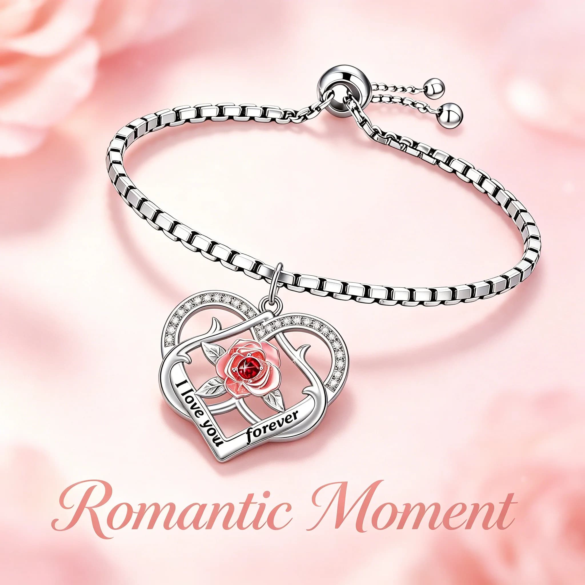 Intertwined Hollow Heart Pink Enamel Rose Engraved Quote Adjustable Box Chain Bracelet for Women, Eternal Romantic Devotion Themed Polished Bangle, Sentimental Love Jewelry Gift for Daily Casual Wear