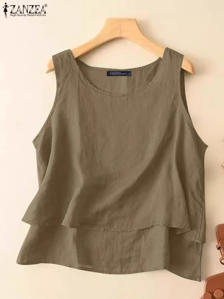 ZANZEA Canotte estive da donna Top Camis in cotone femminile Camicetta senza maniche solida Casual O Collo Camicia da vacanza Top alti e bassi Oversize