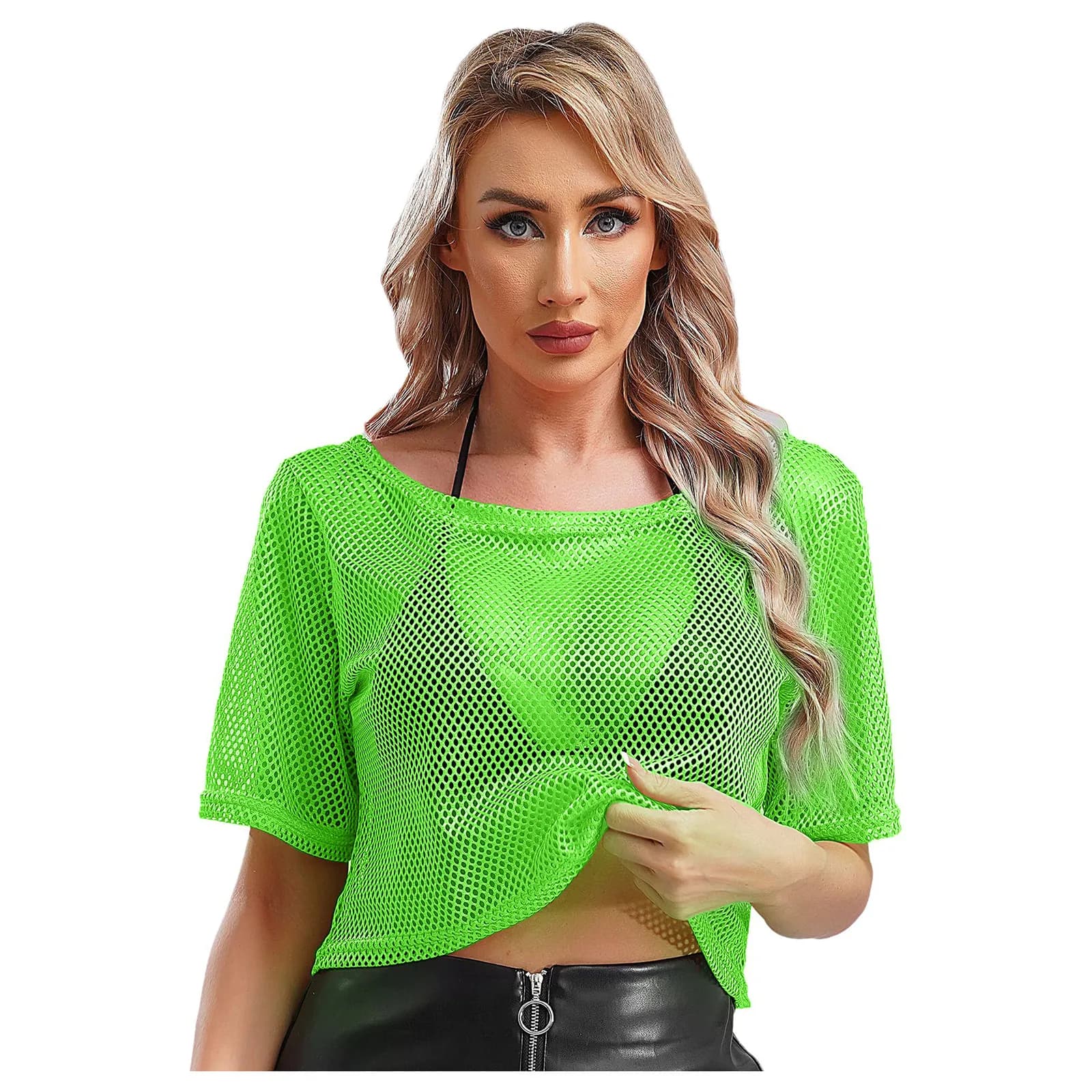 T-shirt da donna a rete al neon da discoteca anni '80 Top manica corta scava fuori maglia Crop Top sexy punk canotta Cover-up Rave Party Clubwear