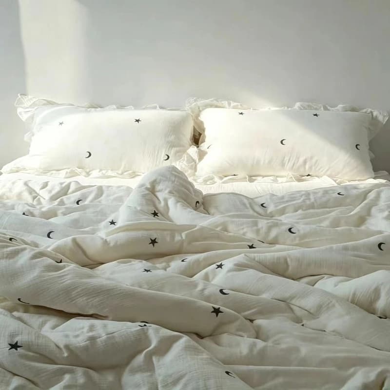 3Pcs Moon Star Embroidered Bedding set, 110G LinenTextured Microfiber Soft Breathable Bedding 1 Duvet Cover 2 Pillowcases