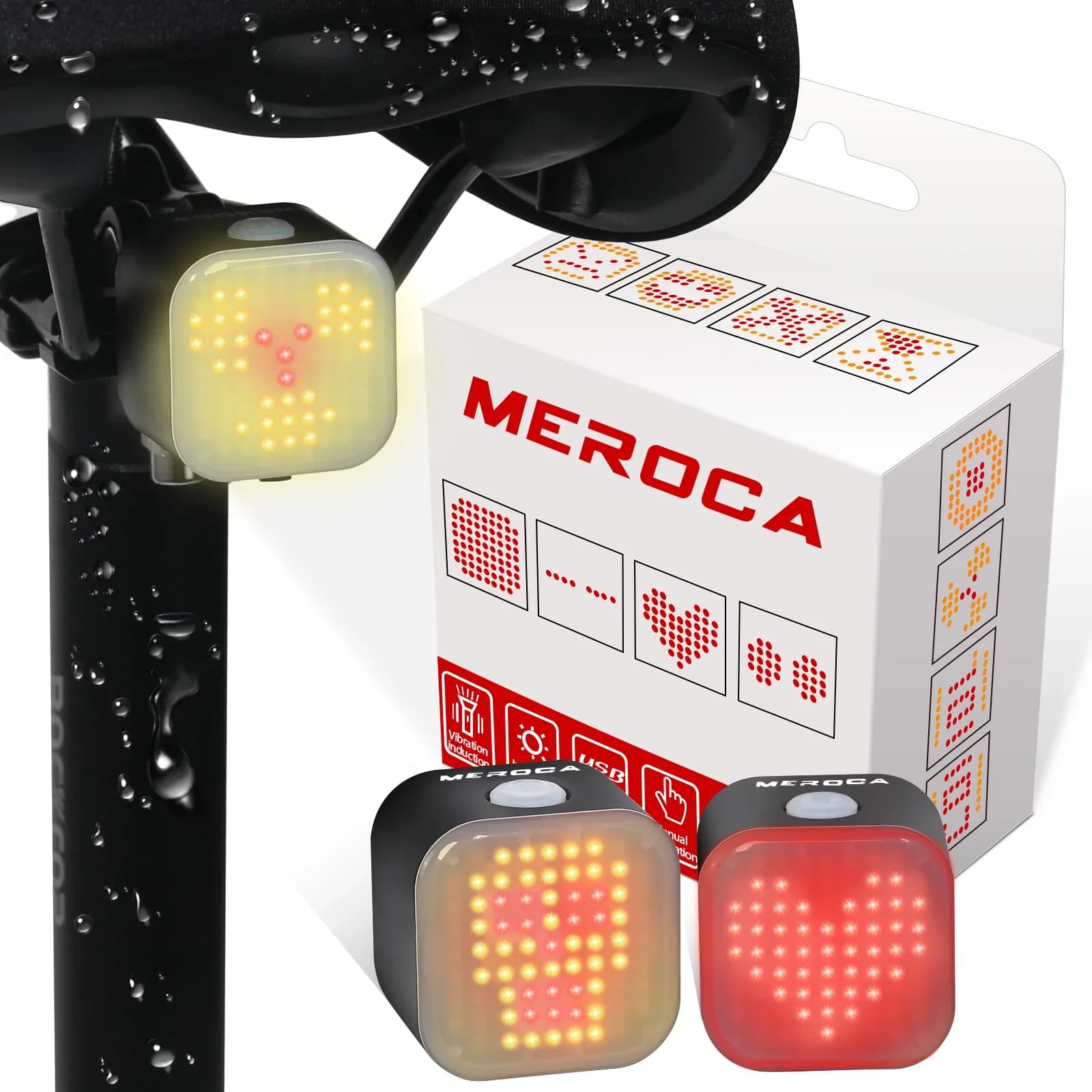 MEROCA Fanale posteriore per bicicletta Espressione intelligente Bici impermeabile Lampada posteriore rossa Ciclismo Sicurezza di guida Luci di avvertimento freno intelligenti