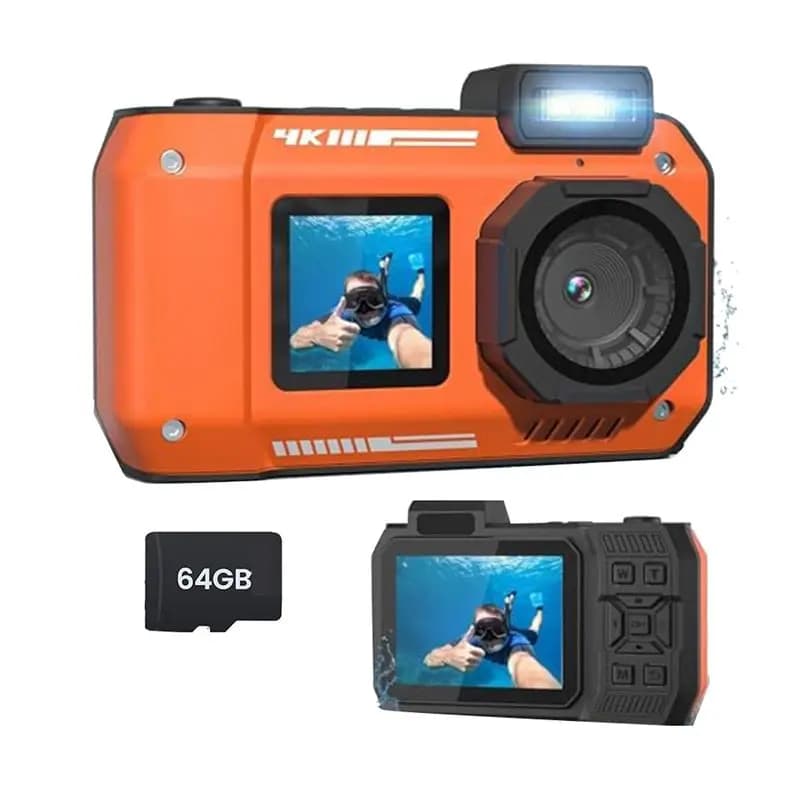 ABIJ 4K 65MP waterproof underwater camera with 64 GB card, for snorkeling, autofocus, selfie, double screen