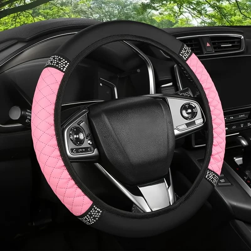 Coprivolante per auto 1PC Coprimaniglia in pelle PU, senza anello interno, copri maniglia intarsiata con diamanti alla moda