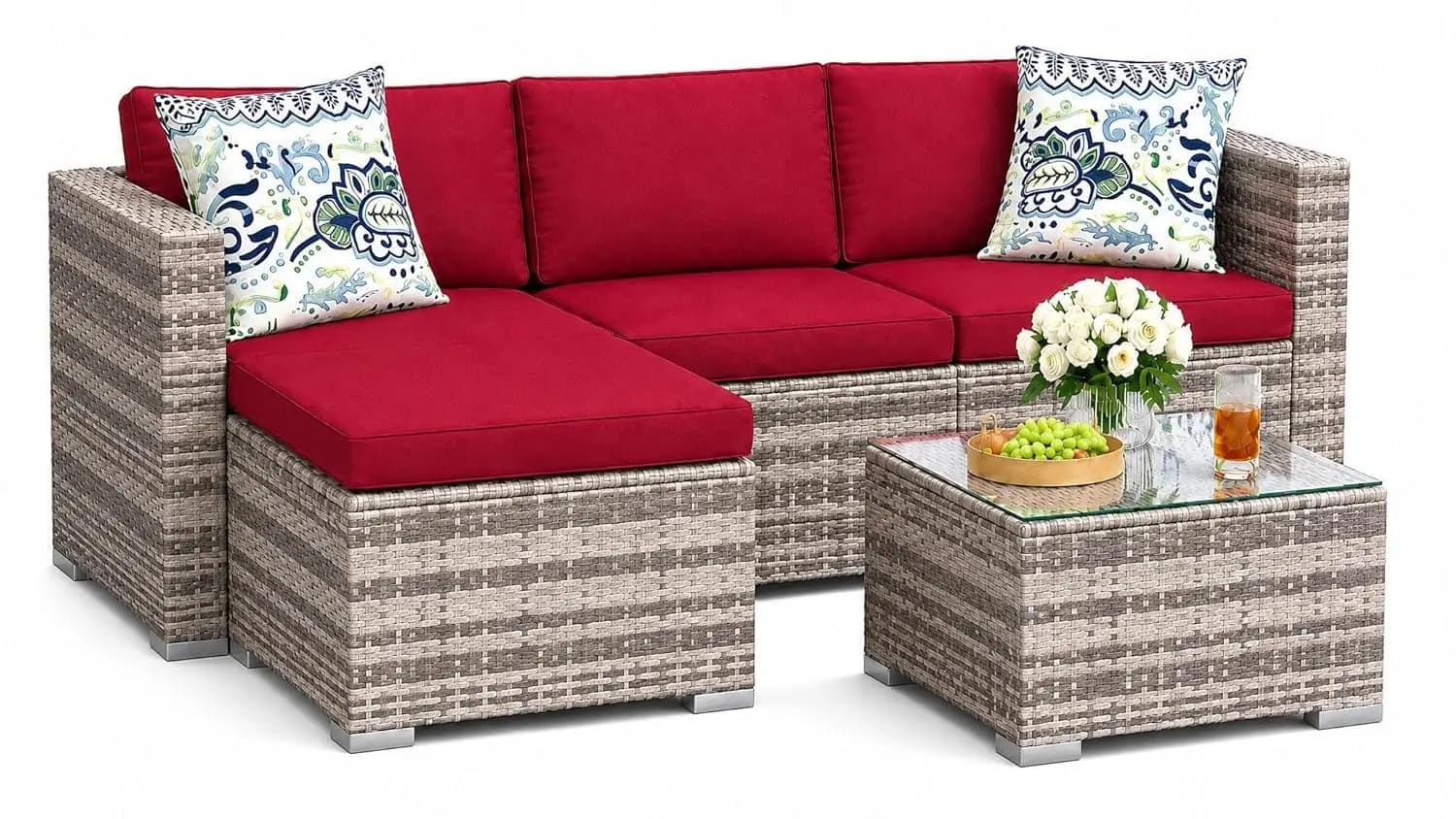 5 Piece Outdoor Patio Wicker Sectional Sofa Set with Cushions & Ottomans, Glass Table for Backyard Porch Balcony, Custom