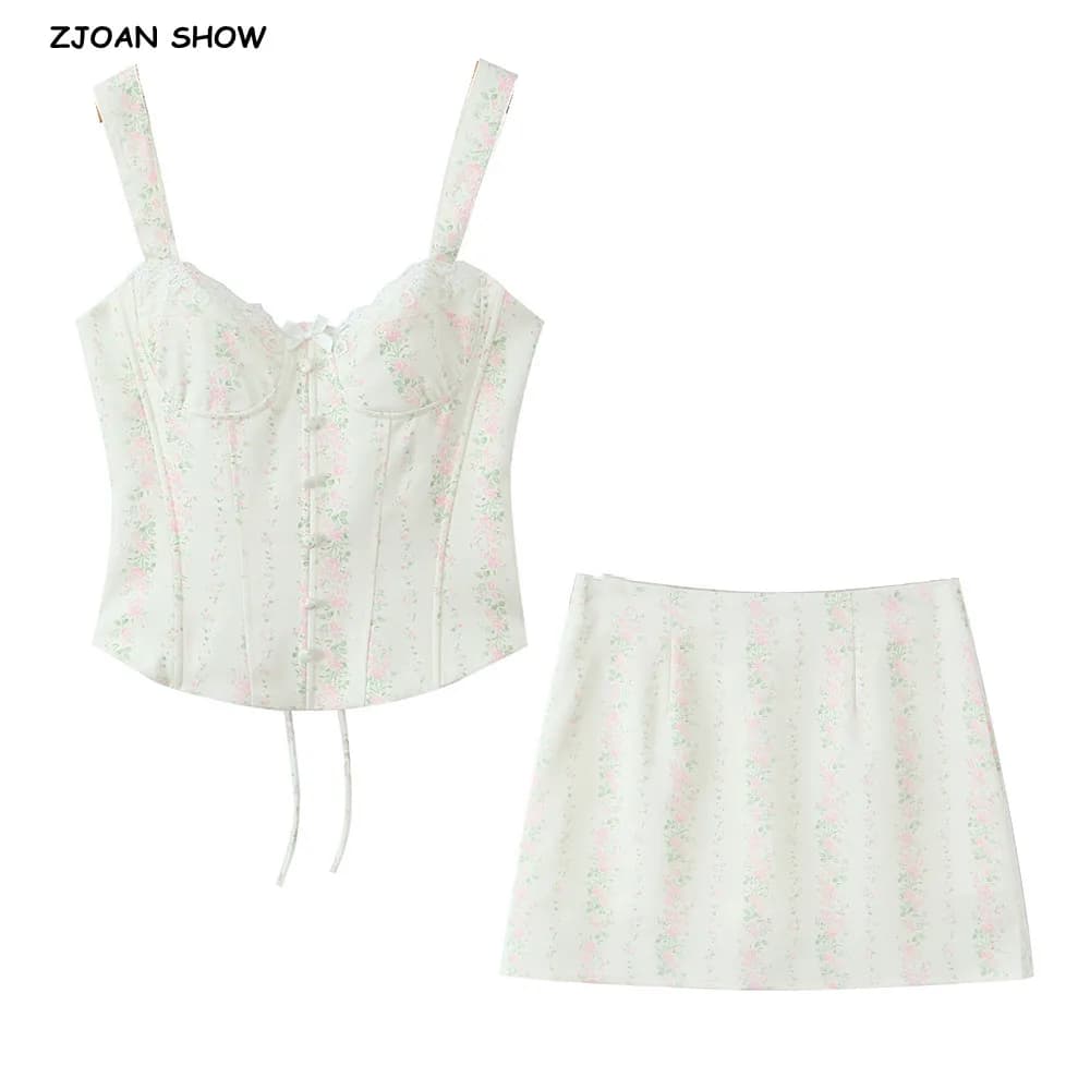 Sexy Floral Print V Neck Bra Chest Cross Lacing Up Bandage Back Tank Top + Zipper High Waist A-lined Mini Skirt 2 Pieces Set