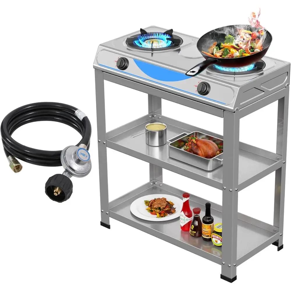 2-fire portable propane cooker with removable support, automatic ignition for camping, camper and outdoor kitchen