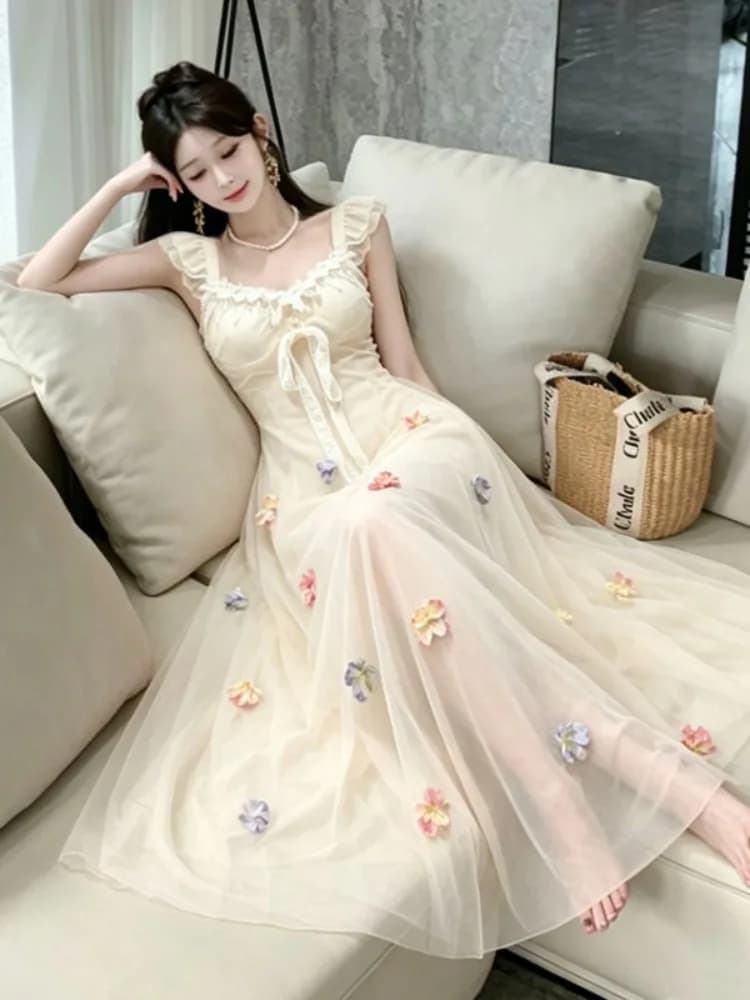 Sweet Style 3D Flower Long Dress Women Summer 2026 New Square Collar Waist Cinched Midi Skirt Holiday Style Mesh Skirt