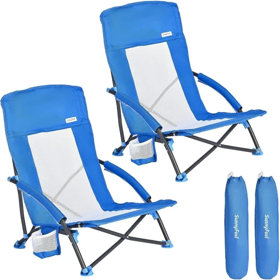 Folding Low Camping Beach Chair 2 Pack Lightweight Portable Lawn Chair with Mesh Back Cup Holder for Outdoor Travel Picnic Conc