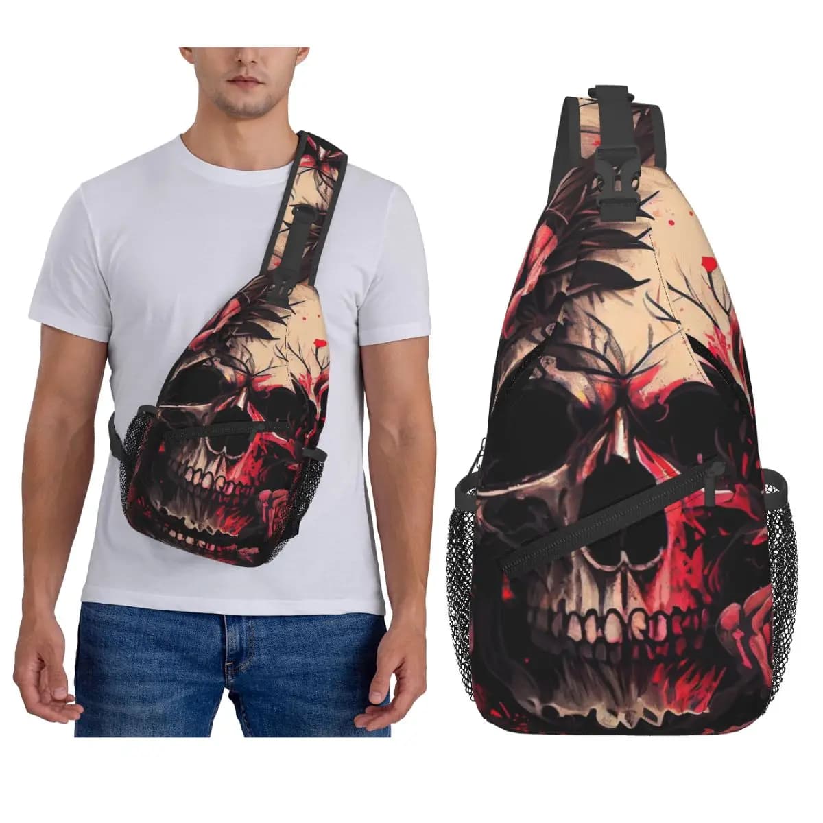 Fantasy Art Skull Print Chest Bag Men Sling Crossbody Backpack Chest Bag Travel Hiking Daypack Shoulder Bag