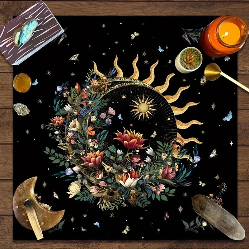 1 pz Tappeto da Tarocchi Floreale Botanico Lunare per Altare, Copritavolo da Tarocchi, Tappetino per Carte Oracolo Spirituali, Tarocchi Stregoneria Giardino al Chiaro di Luna