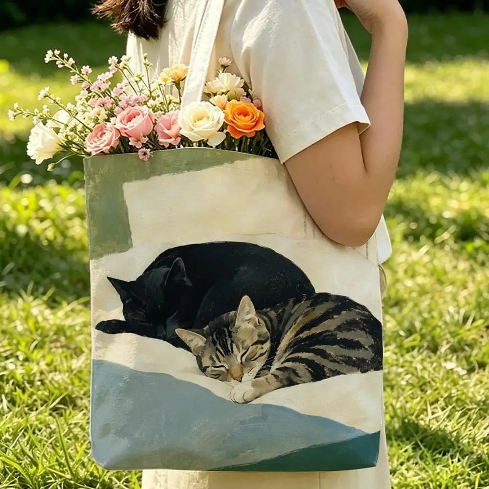 Sleeping Tuxedo Cat Storage Bags Canvas Tote Bag Double-Sided Print Durable Shoulder Beach Handbag for Picnic Gift Eco