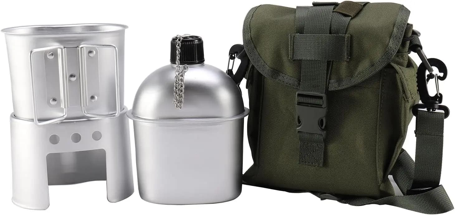 850ml Aluminum Canteen with Cup and Molle Pouch for Camping Hiking, Stove Compatible Military Water Bottle