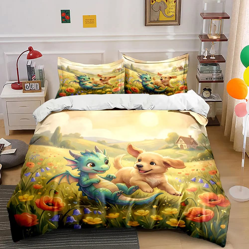 Set di biancheria da letto con stampa di cuccioli e draghi che giocano nel prato, 1 copripiumino, 2 federe per adulti e bambini, regalo di lusso, misura completa