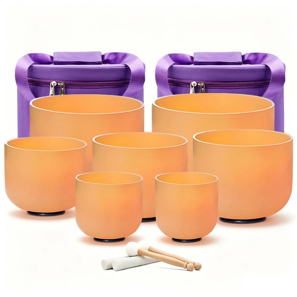 Hey-eun Light Orange 7-12"/6-12" Set of 7pcs Frosted Quartz Crystal Singing Bowl Chakra Sound Healing Yoga Meditation Bowls