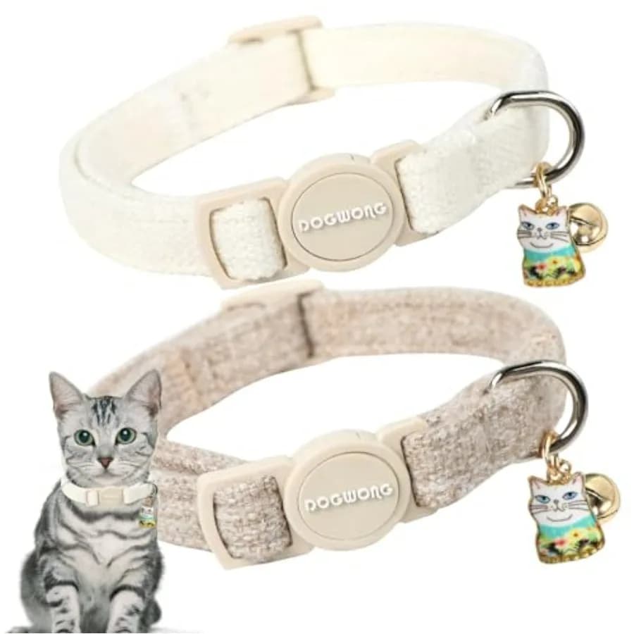 Cat Collar, 2 Pack White Hemp Cat Collars Breakaway with Bell, Safety Buckle Wedding Cat Collar for Girl Boy Cats and Small Dog
