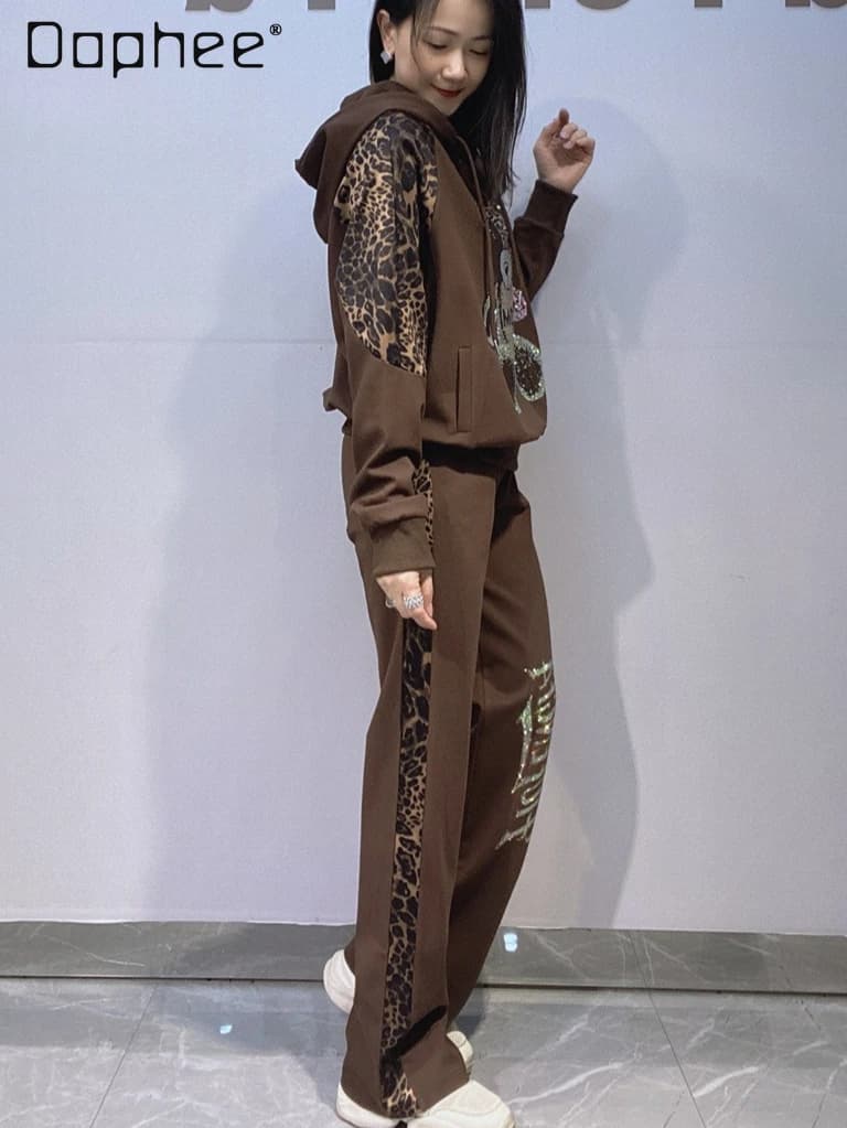 European Style Women's Leopard Print Patchwork Rhinestone Long Sleeve Hoodie + Pants Set 2026 New Spring Autumn Pant Sets