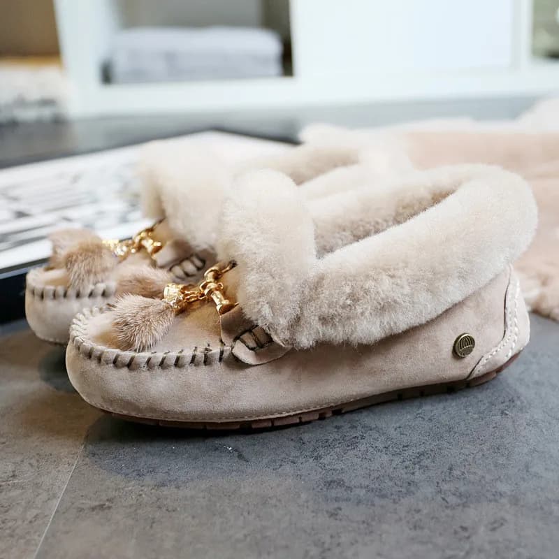 Women's shoes in natural fur 100% moccasins moccasins in soft genuine leather for leisure shoes Casual female size 34-44